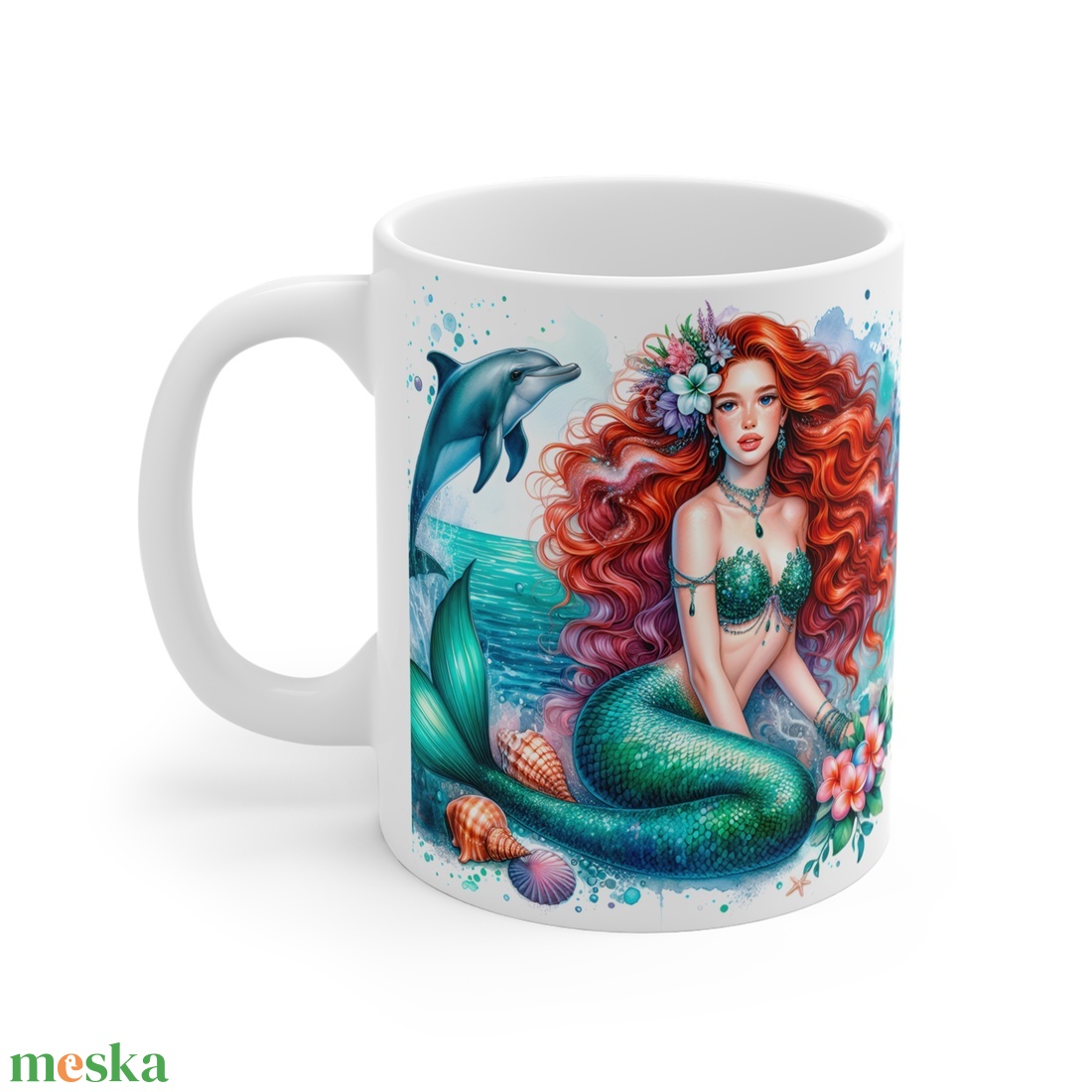 Vörös Hajú Sellős Fantasy Kerámia Bögre � Delfines Akvarell Design, Egyedi Ajándék Lányoknak - otthon & életmód - konyhafelszerelés, tálalás - tálalás - bögre & csésze - Meska.hu