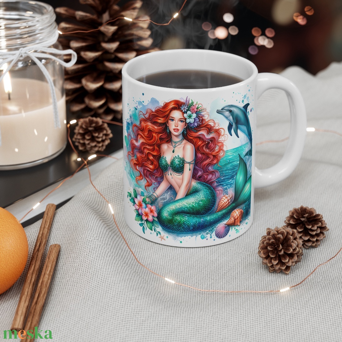 Vörös Hajú Sellős Fantasy Kerámia Bögre � Delfines Akvarell Design, Egyedi Ajándék Lányoknak - otthon & életmód - konyhafelszerelés, tálalás - tálalás - bögre & csésze - Meska.hu