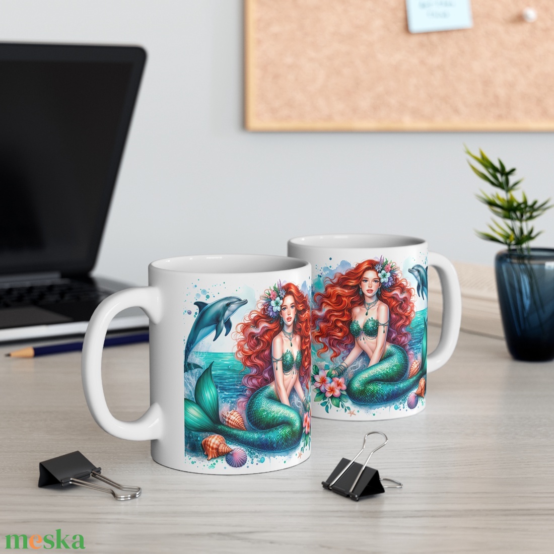 Vörös Hajú Sellős Fantasy Kerámia Bögre � Delfines Akvarell Design, Egyedi Ajándék Lányoknak - otthon & életmód - konyhafelszerelés, tálalás - tálalás - bögre & csésze - Meska.hu