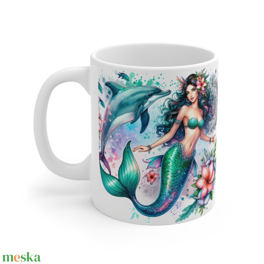 Fekete Hajú Sellős Fantasy Kerámia Bögre � Delfines Akvarell Design, Egyedi Ajándék Lányoknak - otthon & életmód - konyhafelszerelés, tálalás - tálalás - bögre & csésze - Meska.hu