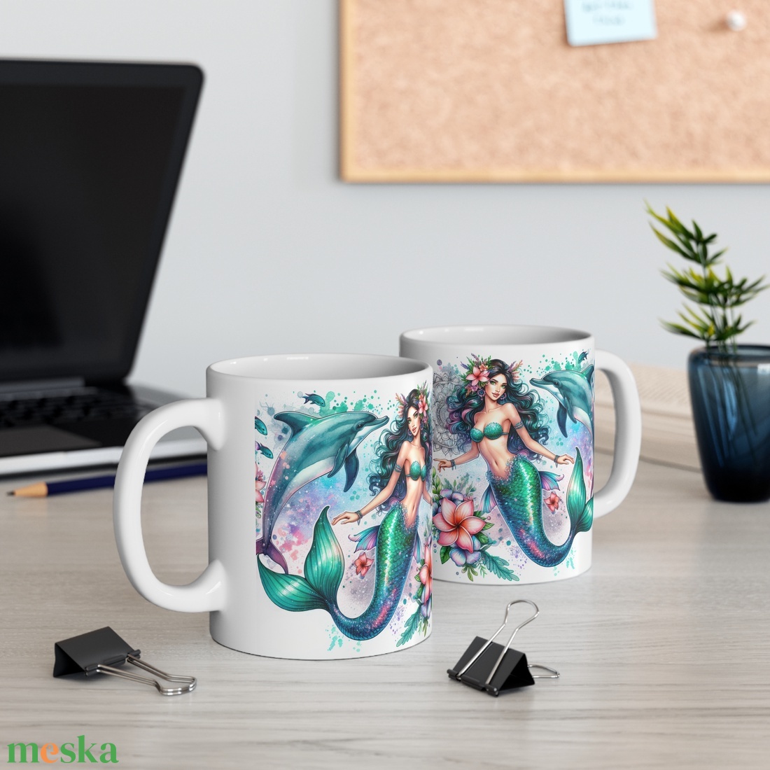 Fekete Hajú Sellős Fantasy Kerámia Bögre � Delfines Akvarell Design, Egyedi Ajándék Lányoknak - otthon & életmód - konyhafelszerelés, tálalás - tálalás - bögre & csésze - Meska.hu