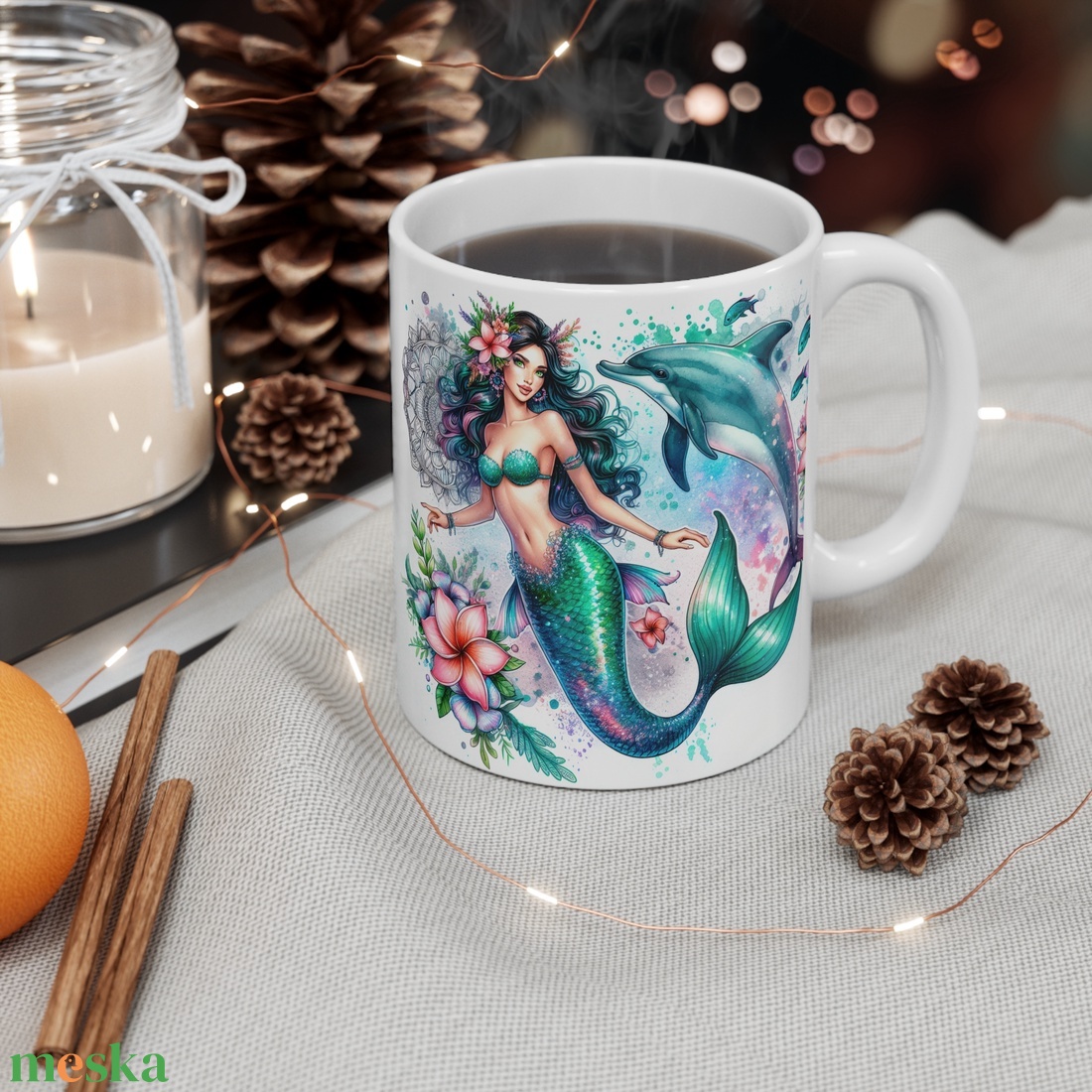 Fekete Hajú Sellős Fantasy Kerámia Bögre � Delfines Akvarell Design, Egyedi Ajándék Lányoknak - otthon & életmód - konyhafelszerelés, tálalás - tálalás - bögre & csésze - Meska.hu