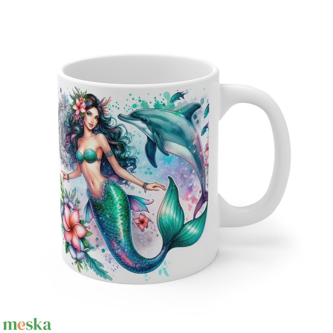 Fekete Hajú Sellős Fantasy Kerámia Bögre � Delfines Akvarell Design, Egyedi Ajándék Lányoknak - otthon & életmód - konyhafelszerelés, tálalás - tálalás - bögre & csésze - Meska.hu