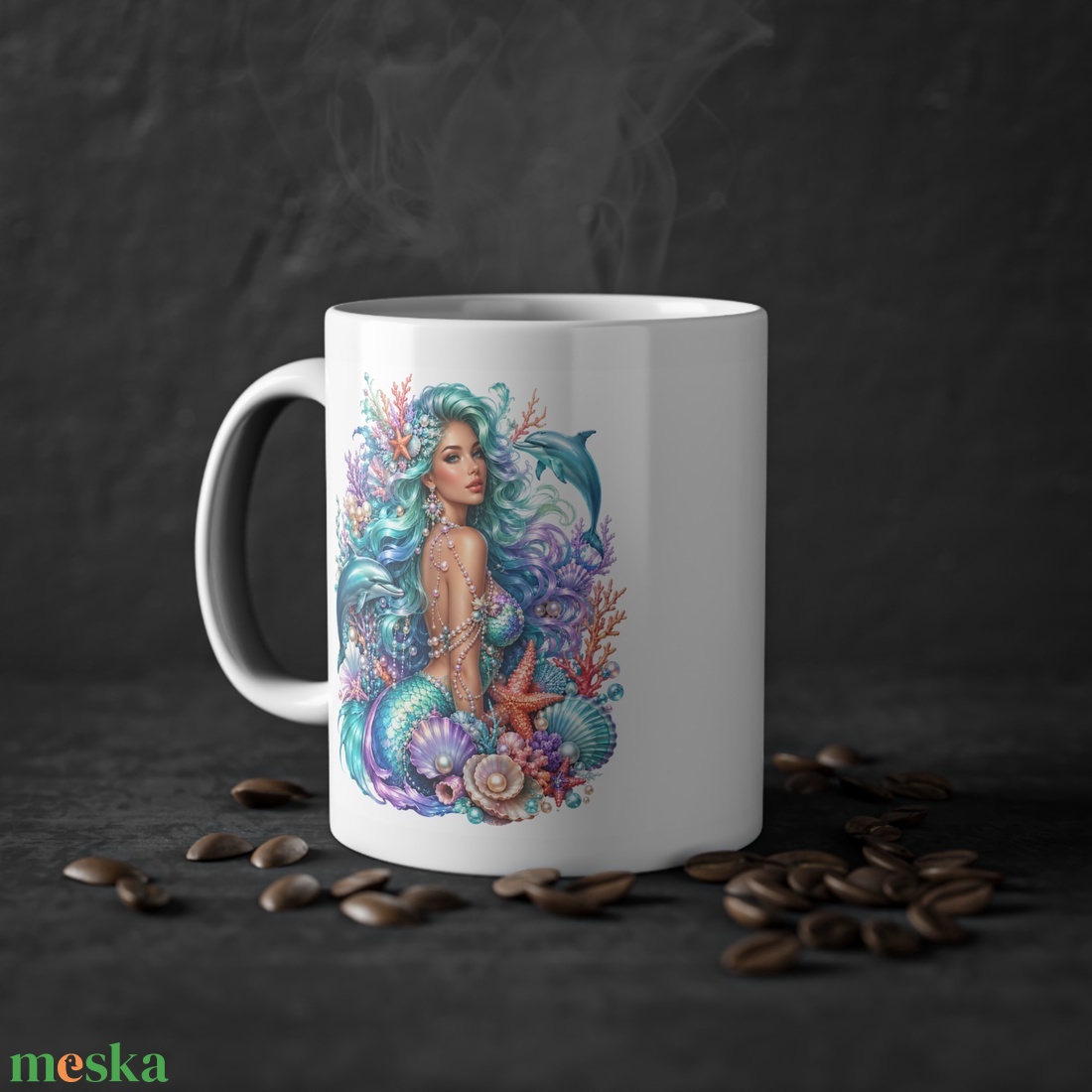 Sellő Delfinekkel Kerámia Bögre � Mesés Tengeri Design, Fantasy Ajándék Lányoknak - otthon & életmód - konyhafelszerelés, tálalás - tálalás - bögre & csésze - Meska.hu