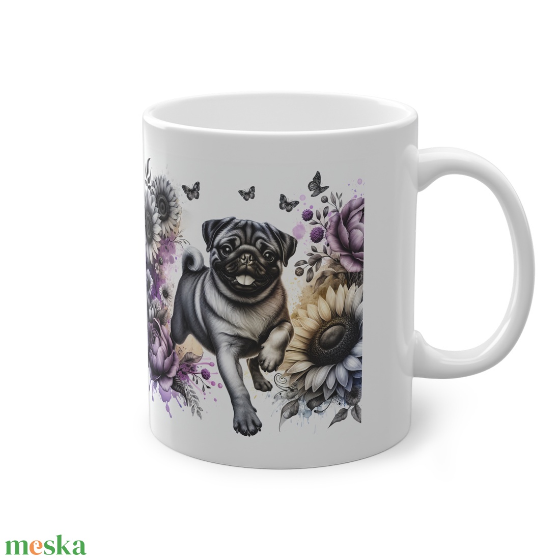 Mopsz Virágokkal Kerámia Bögre � Vidám Akvarell Design, Kutyaimádó Ajándék - otthon & életmód - konyhafelszerelés, tálalás - tálalás - bögre & csésze - Meska.hu