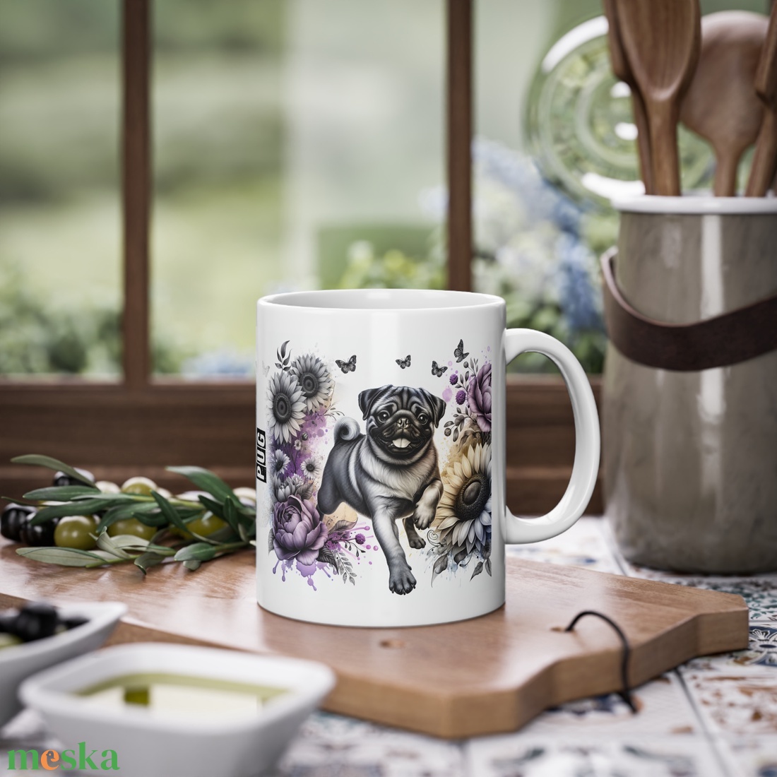 Mopsz Virágokkal Kerámia Bögre � Vidám Akvarell Design, Kutyaimádó Ajándék - otthon & életmód - konyhafelszerelés, tálalás - tálalás - bögre & csésze - Meska.hu