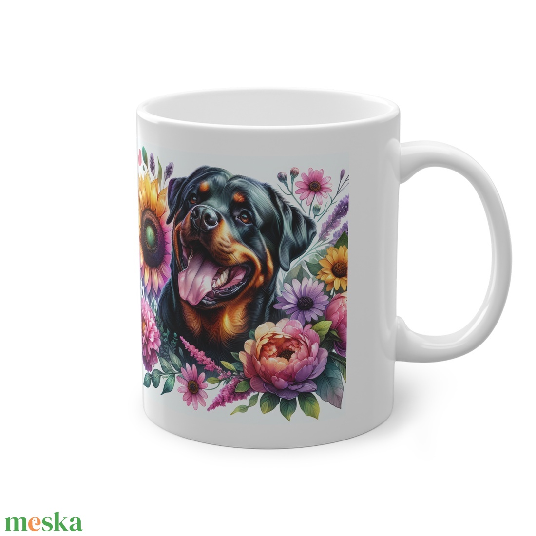 Rottweiler Virágokkal Kerámia Bögre � Élénk Akvarell Design, Kutyaimádó Ajándék - otthon & életmód - konyhafelszerelés, tálalás - tálalás - bögre & csésze - Meska.hu