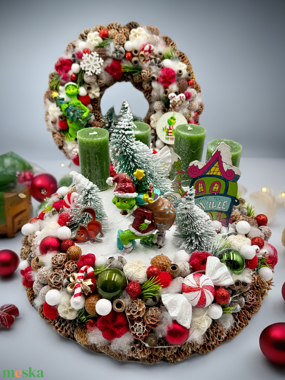 Grinch szett - karácsony - adventi díszek - adventi gyertyadíszek és koszorúdíszek - Meska.hu