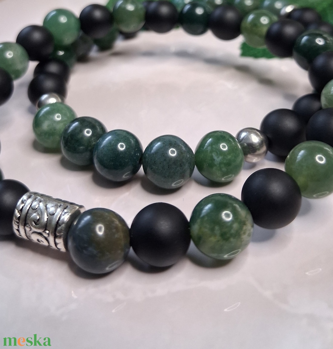 Férfi karkötő szett � moha achát és matt ónix - 2 db-os ásvány karkötő - ékszer - karkötő - ásványkarkötő - Meska.hu