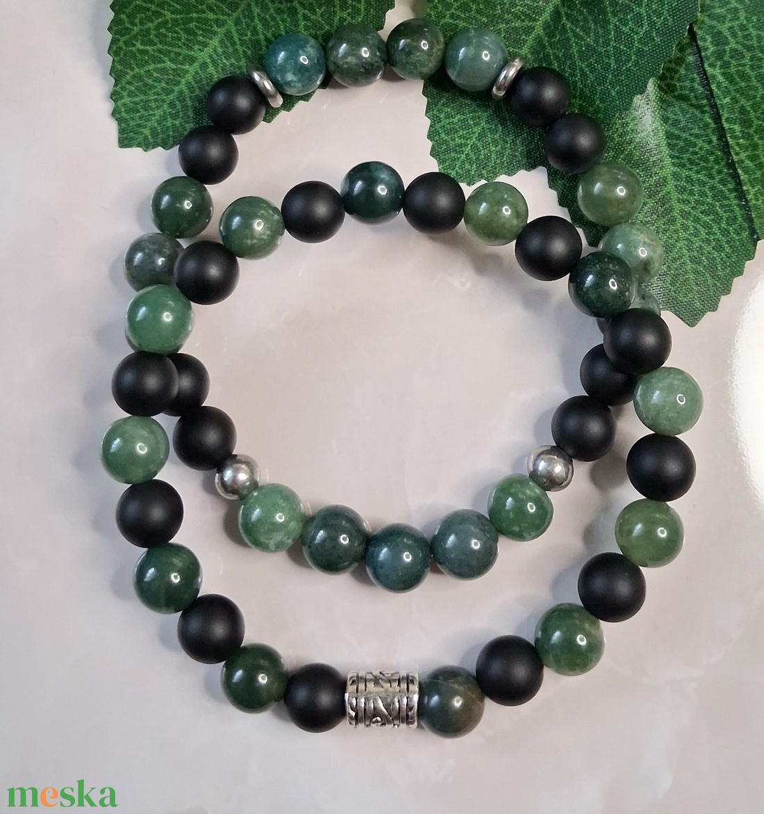 Férfi karkötő szett � moha achát és matt ónix - 2 db-os ásvány karkötő - ékszer - karkötő - ásványkarkötő - Meska.hu