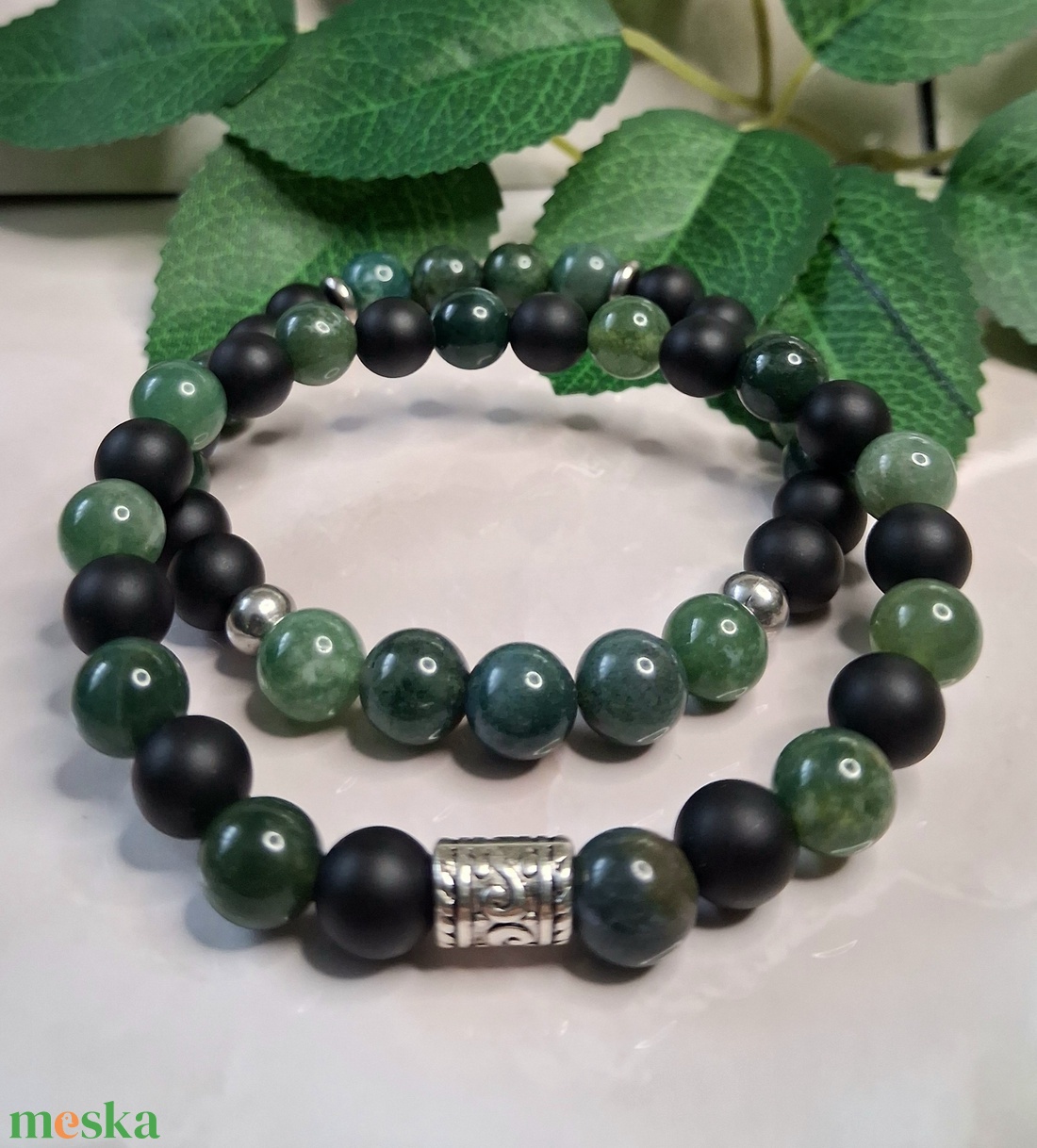 Férfi karkötő szett � moha achát és matt ónix - 2 db-os ásvány karkötő - ékszer - karkötő - ásványkarkötő - Meska.hu