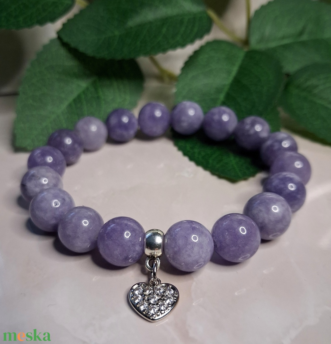 Lila akvamarin ásvány karkötő cirkóniás szív medállal - ékszer - karkötő - ásványkarkötő - Meska.hu