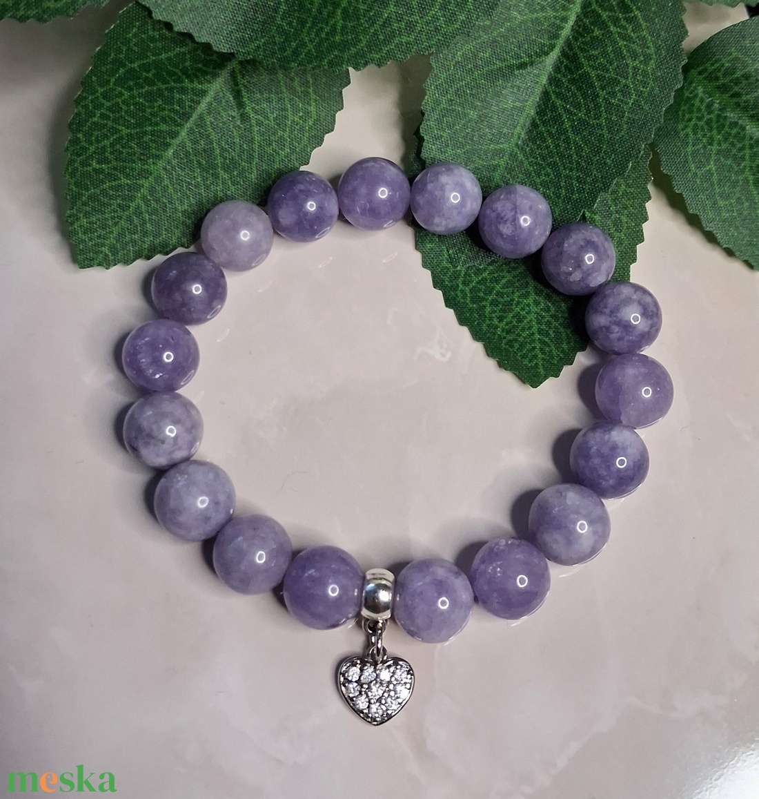 Lila akvamarin ásvány karkötő cirkóniás szív medállal - ékszer - karkötő - ásványkarkötő - Meska.hu