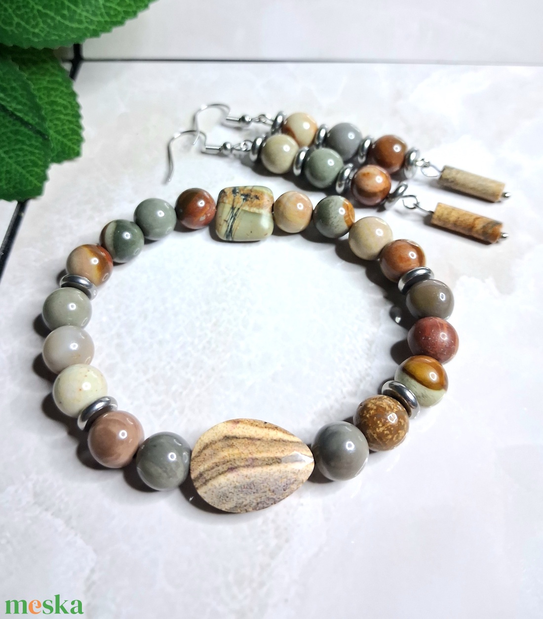 Picasso és képjáspis ékszerszett � karkötő és fülbevaló földszínekben - ékszer - ékszerszett - Meska.hu