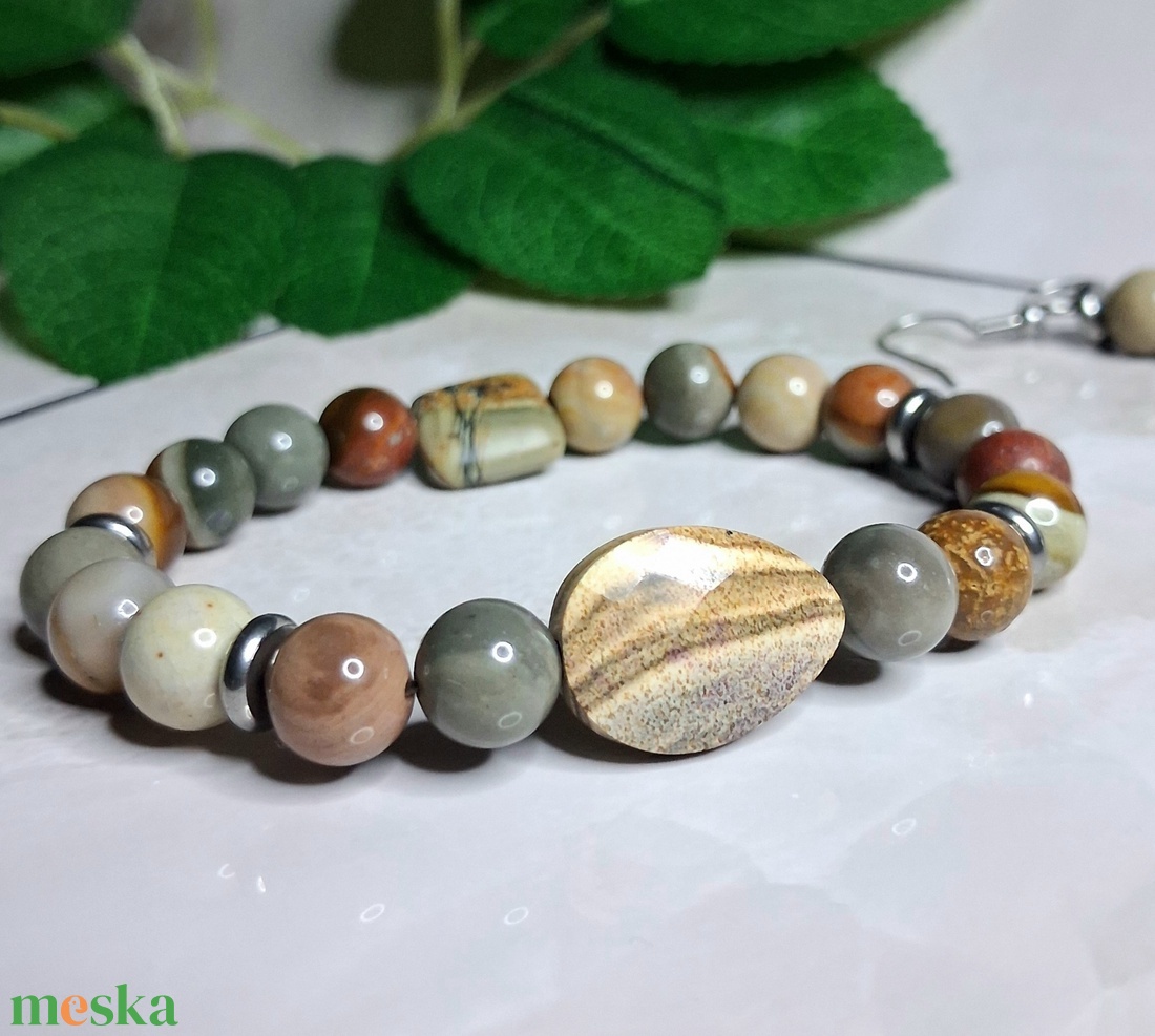 Picasso és képjáspis ékszerszett � karkötő és fülbevaló földszínekben - ékszer - ékszerszett - Meska.hu