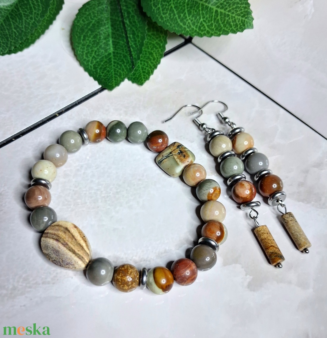 Picasso és képjáspis ékszerszett � karkötő és fülbevaló földszínekben - ékszer - ékszerszett - Meska.hu