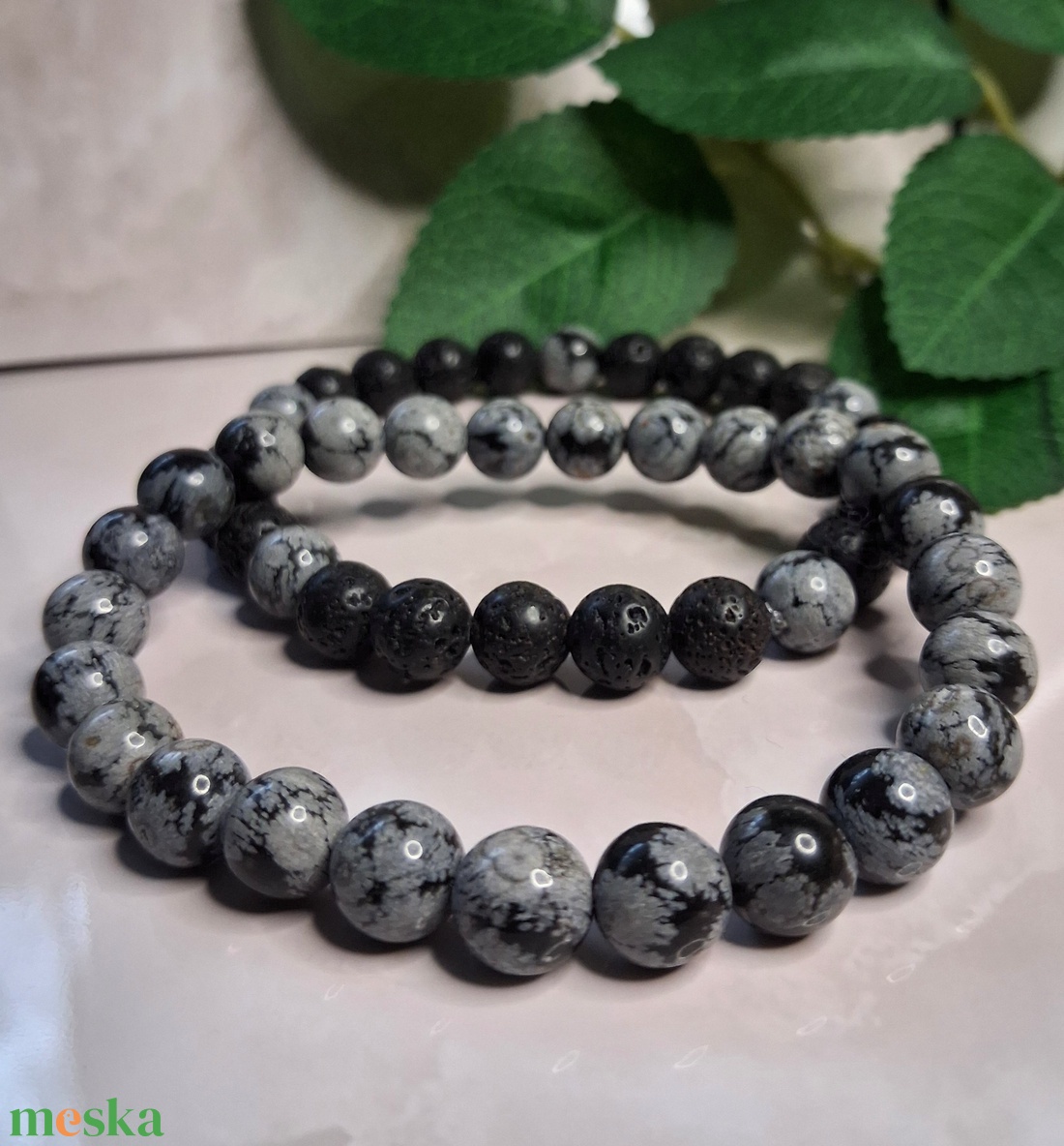 Ásvány karkötő szett férfiaknak � lávakő és hópehely obszidián - ékszer - karkötő - ásványkarkötő - Meska.hu