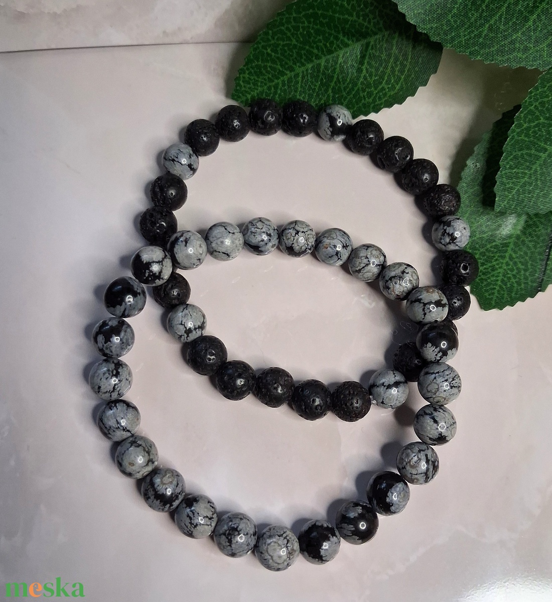 Ásvány karkötő szett férfiaknak � lávakő és hópehely obszidián - ékszer - karkötő - ásványkarkötő - Meska.hu