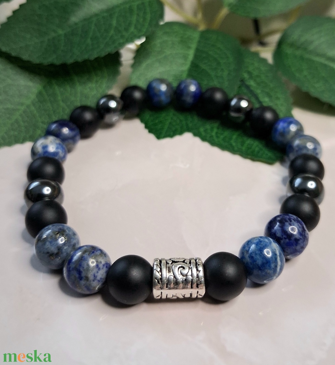 Férfi ásvány karkötő � matt ónix és lápisz - ékszer - karkötő - ásványkarkötő - Meska.hu