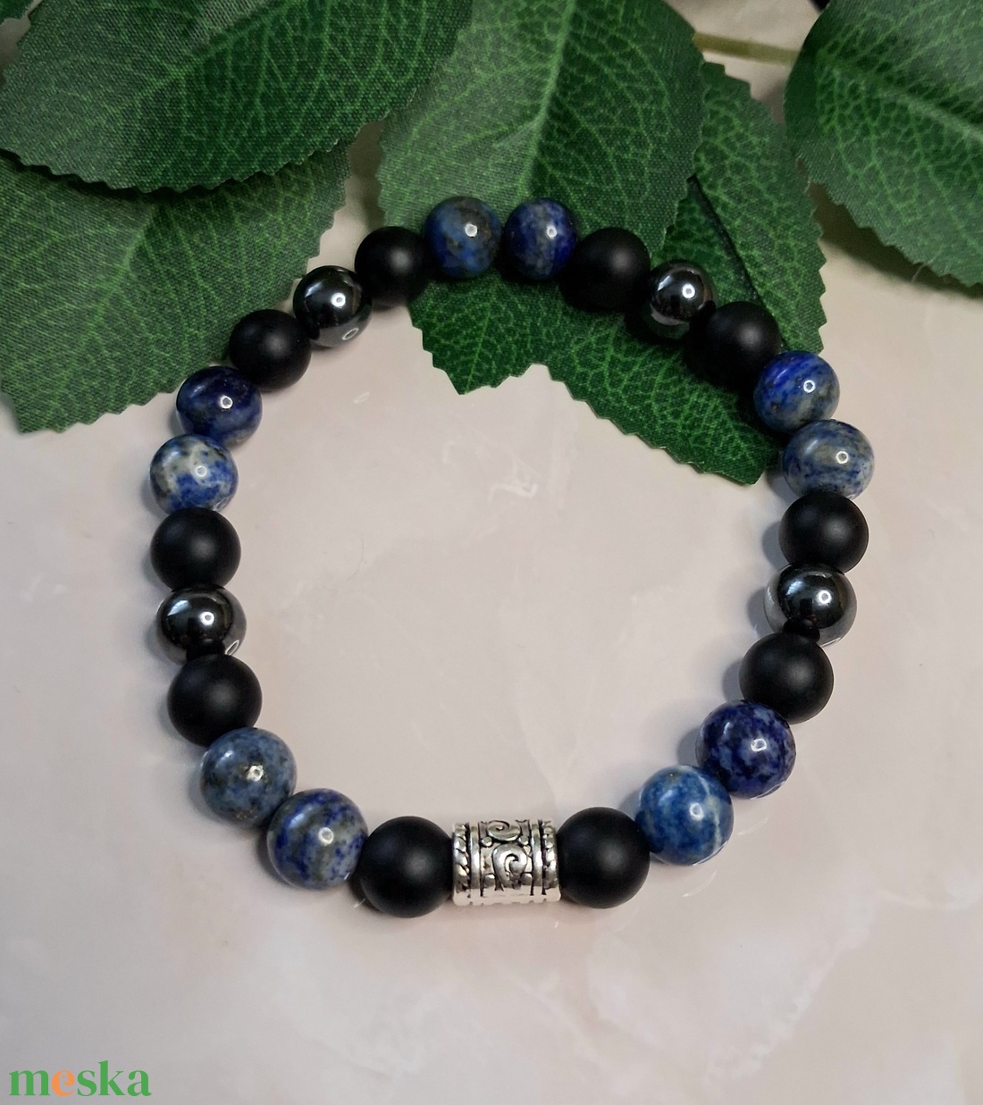 Férfi ásvány karkötő � matt ónix és lápisz - ékszer - karkötő - ásványkarkötő - Meska.hu