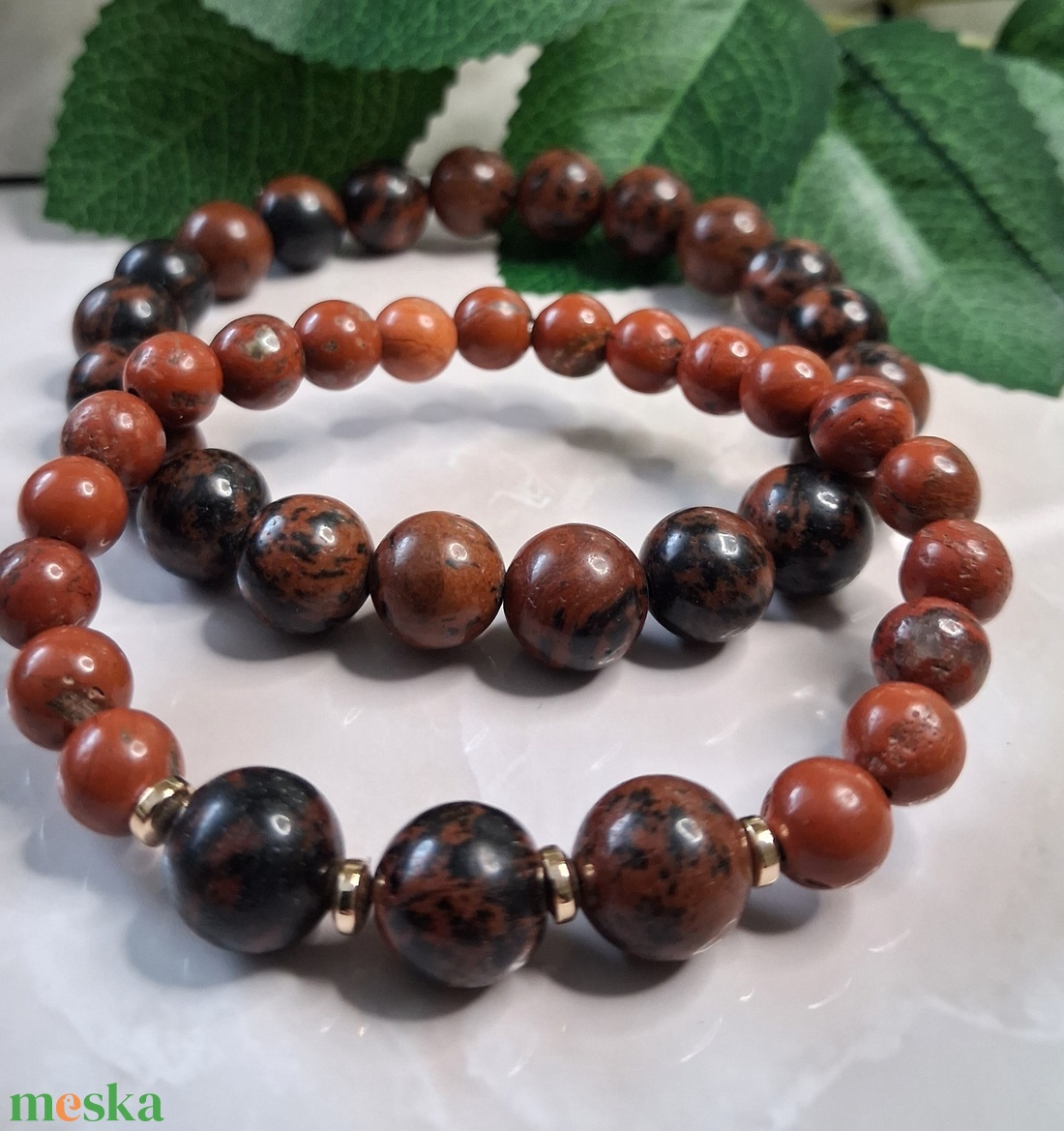 Páros karkötő piros jáspissal és mahagóni obszidiánnal - ékszer - karkötő - ásványkarkötő - Meska.hu