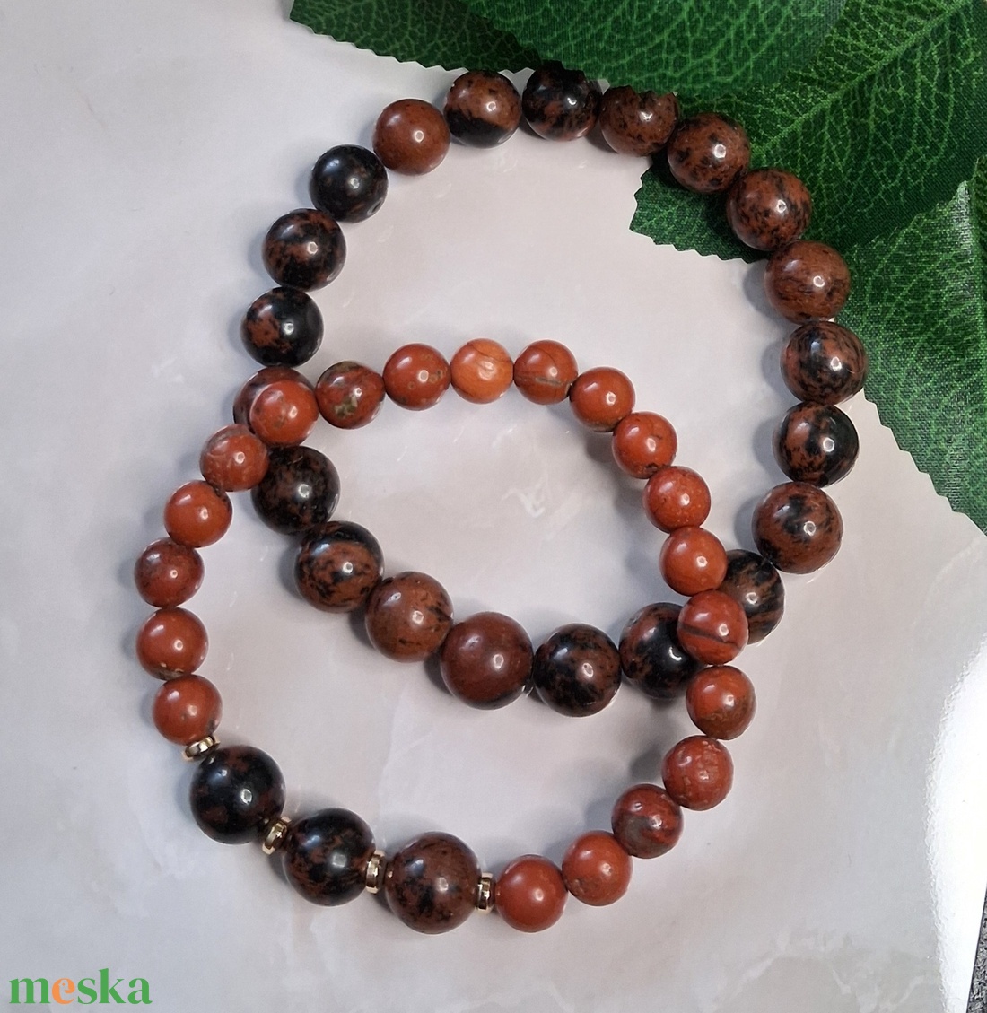 Páros karkötő piros jáspissal és mahagóni obszidiánnal - ékszer - karkötő - ásványkarkötő - Meska.hu