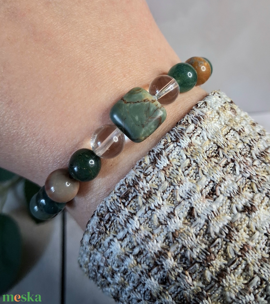 Picasso jáspis, moha achát és hegyikristály ásvány karkötő � fémmentes kivitel - ékszer - karkötő - ásványkarkötő - Meska.hu