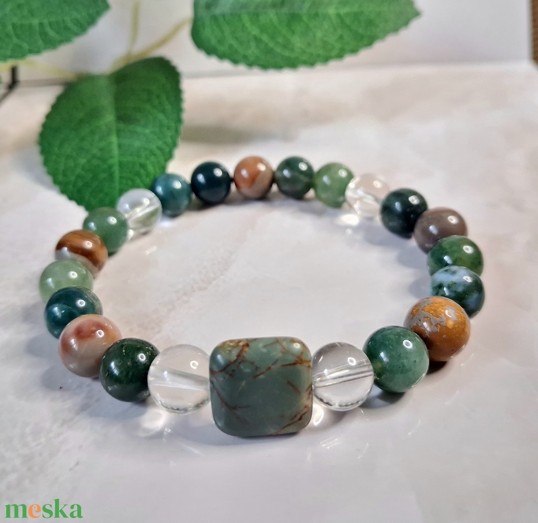 Picasso jáspis, moha achát és hegyikristály ásvány karkötő � fémmentes kivitel - ékszer - karkötő - ásványkarkötő - Meska.hu