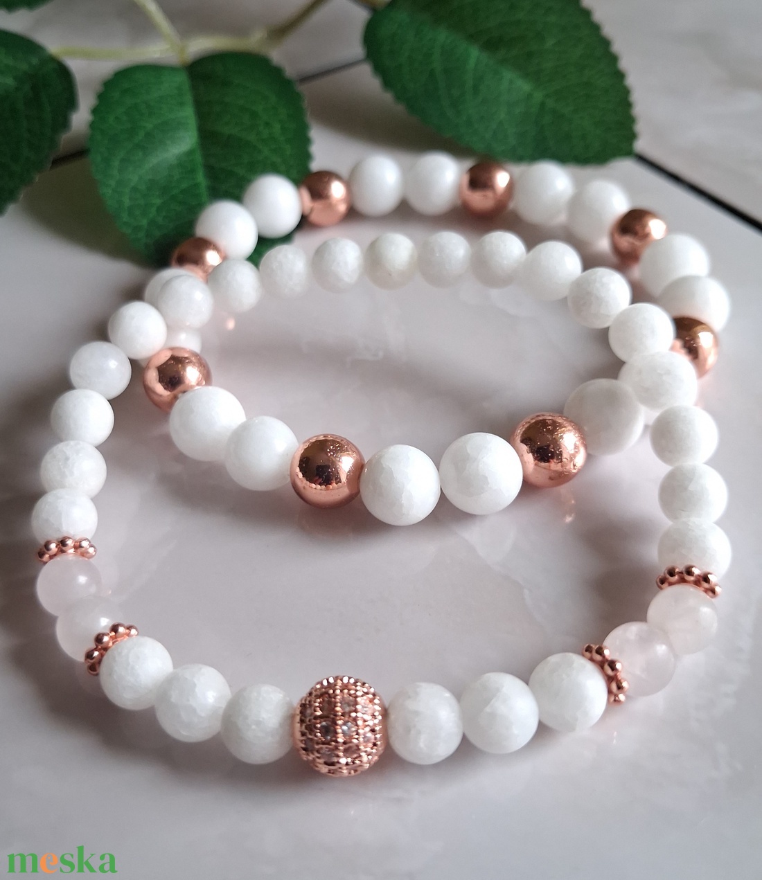 Hófehér jáde és rose gold hematit karkötő szett � elegancia és harmónia - ékszer - karkötő - ásványkarkötő - Meska.hu