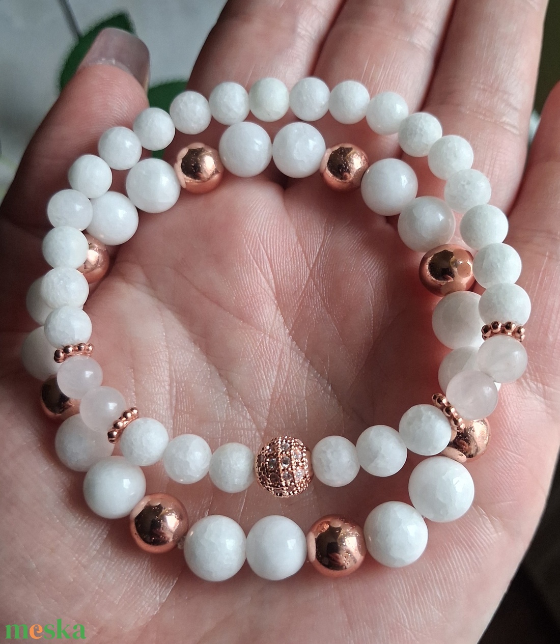 Hófehér jáde és rose gold hematit karkötő szett � elegancia és harmónia - ékszer - karkötő - ásványkarkötő - Meska.hu