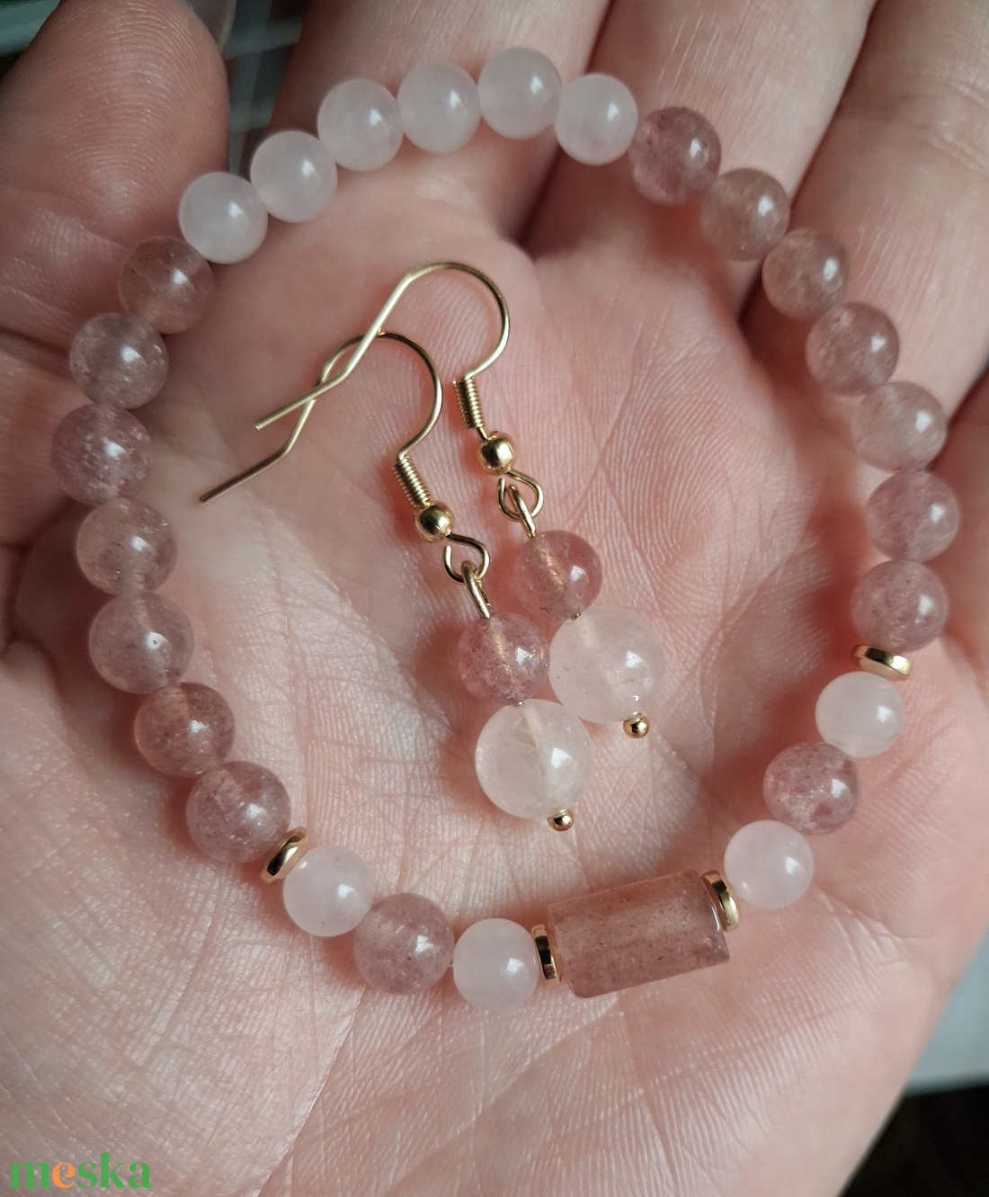 Eperkvarc és rózsakvarc ásvány karkötő és fülbevaló szett � szeretet és gyengédség - ékszer - ékszerszett - Meska.hu
