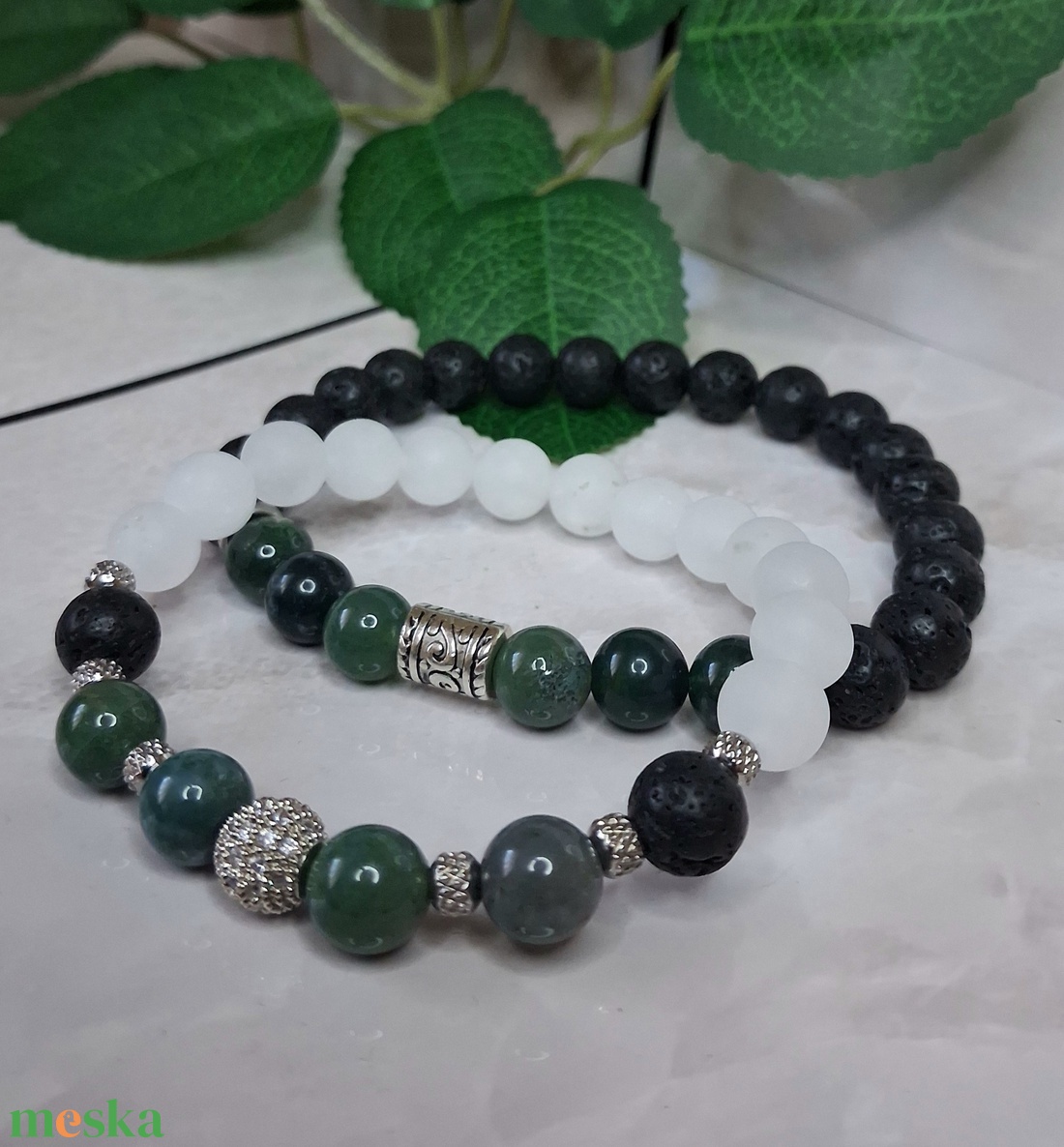 Moha achát páros karkötő fehér jádéval és lávakővel � nyugalom és földeltség - ékszer - karkötő - ásványkarkötő - Meska.hu