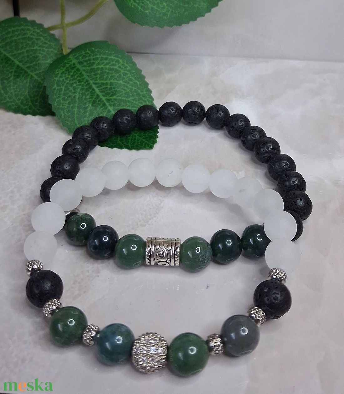 Moha achát páros karkötő fehér jádéval és lávakővel � nyugalom és földeltség - ékszer - karkötő - ásványkarkötő - Meska.hu