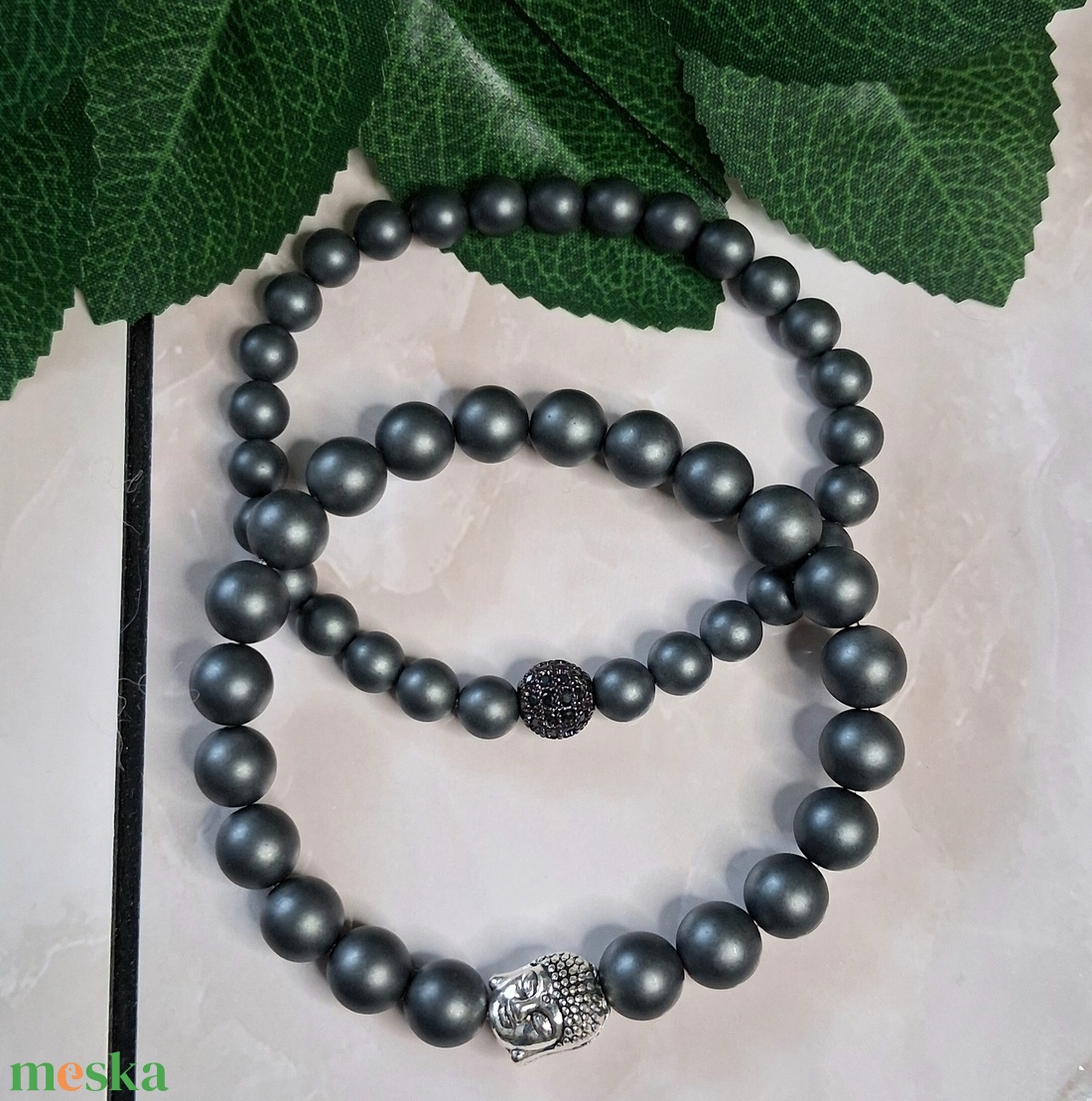 Matt hematit ásvány karkötő szett- buddha és köves gömb dísszel - ékszer - karkötő - ásványkarkötő - Meska.hu