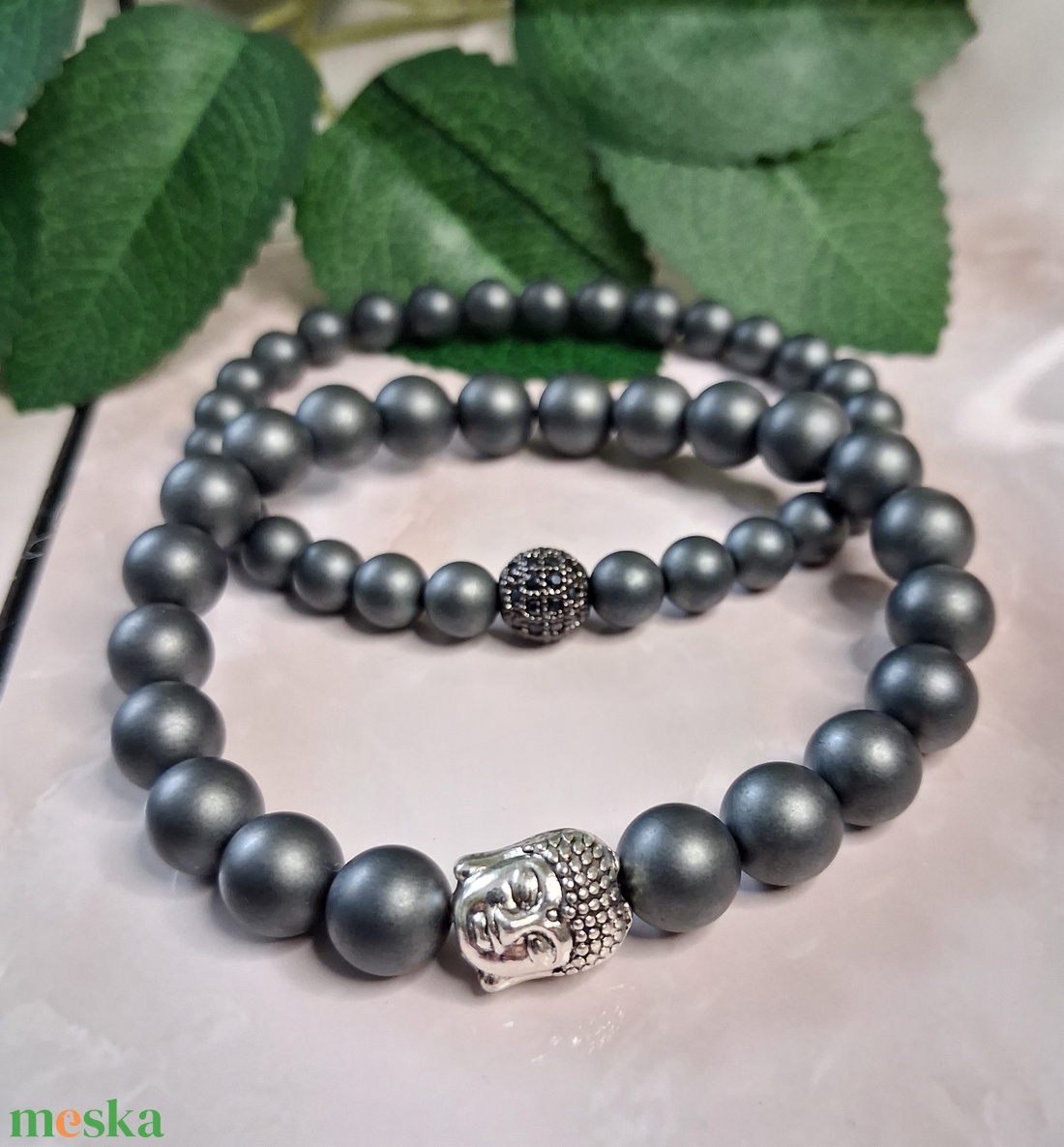 Matt hematit ásvány karkötő szett- buddha és köves gömb dísszel - ékszer - karkötő - ásványkarkötő - Meska.hu