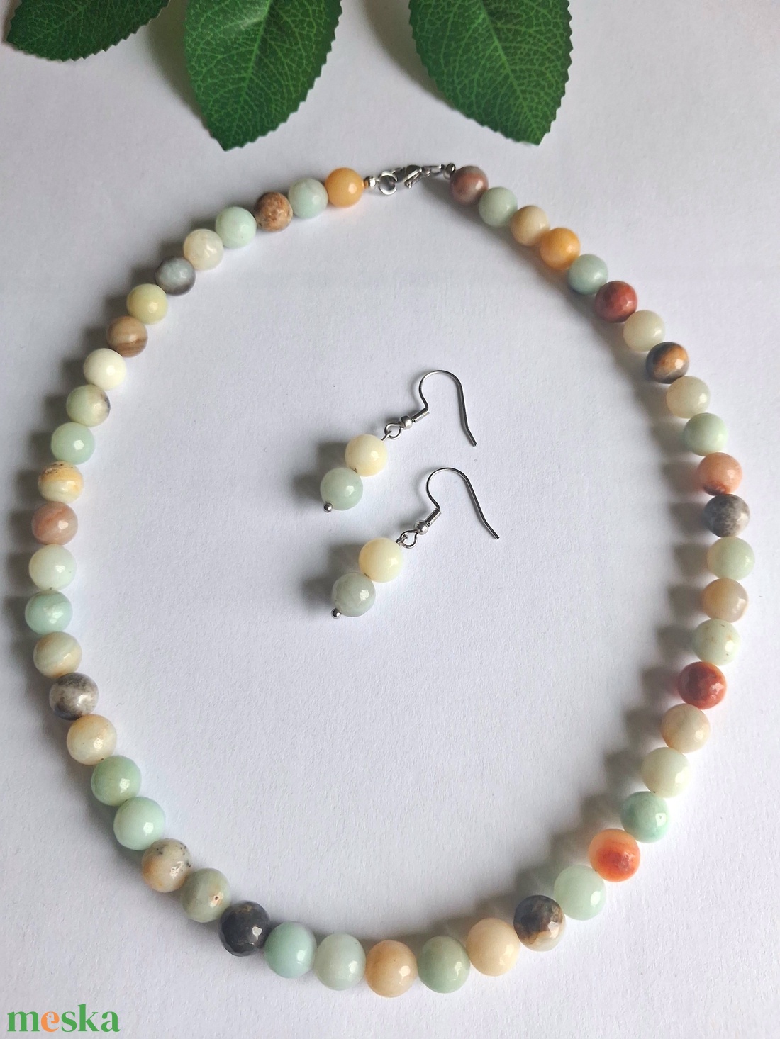 Amazonit ásvány nyaklánc (gyöngysor) szett fülbevalóval- multicolor - ékszer - ékszerszett - Meska.hu