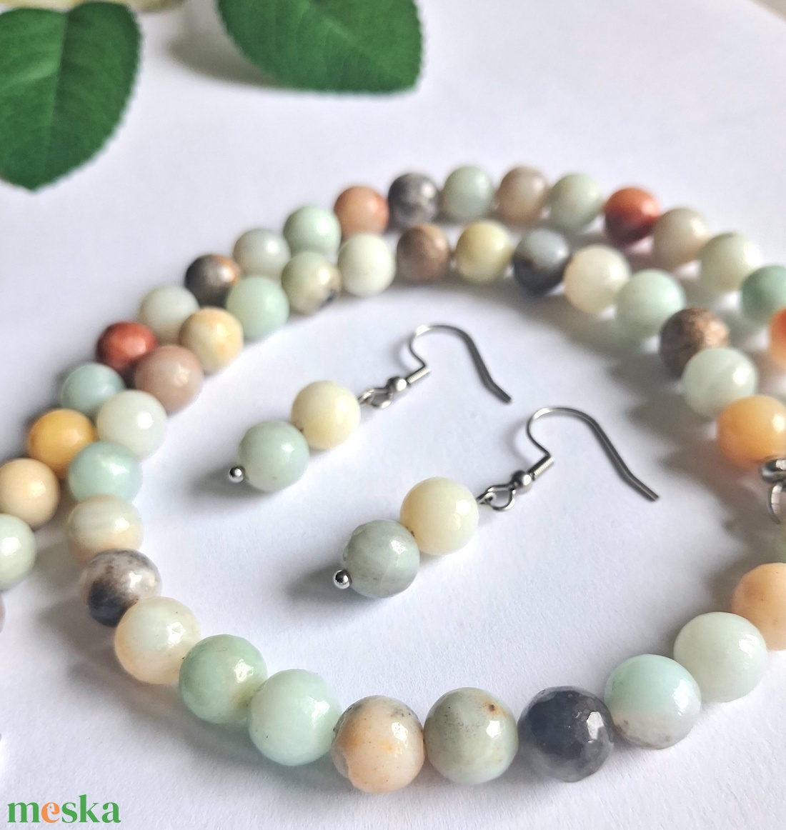 Amazonit ásvány nyaklánc (gyöngysor) szett fülbevalóval- multicolor - ékszer - ékszerszett - Meska.hu