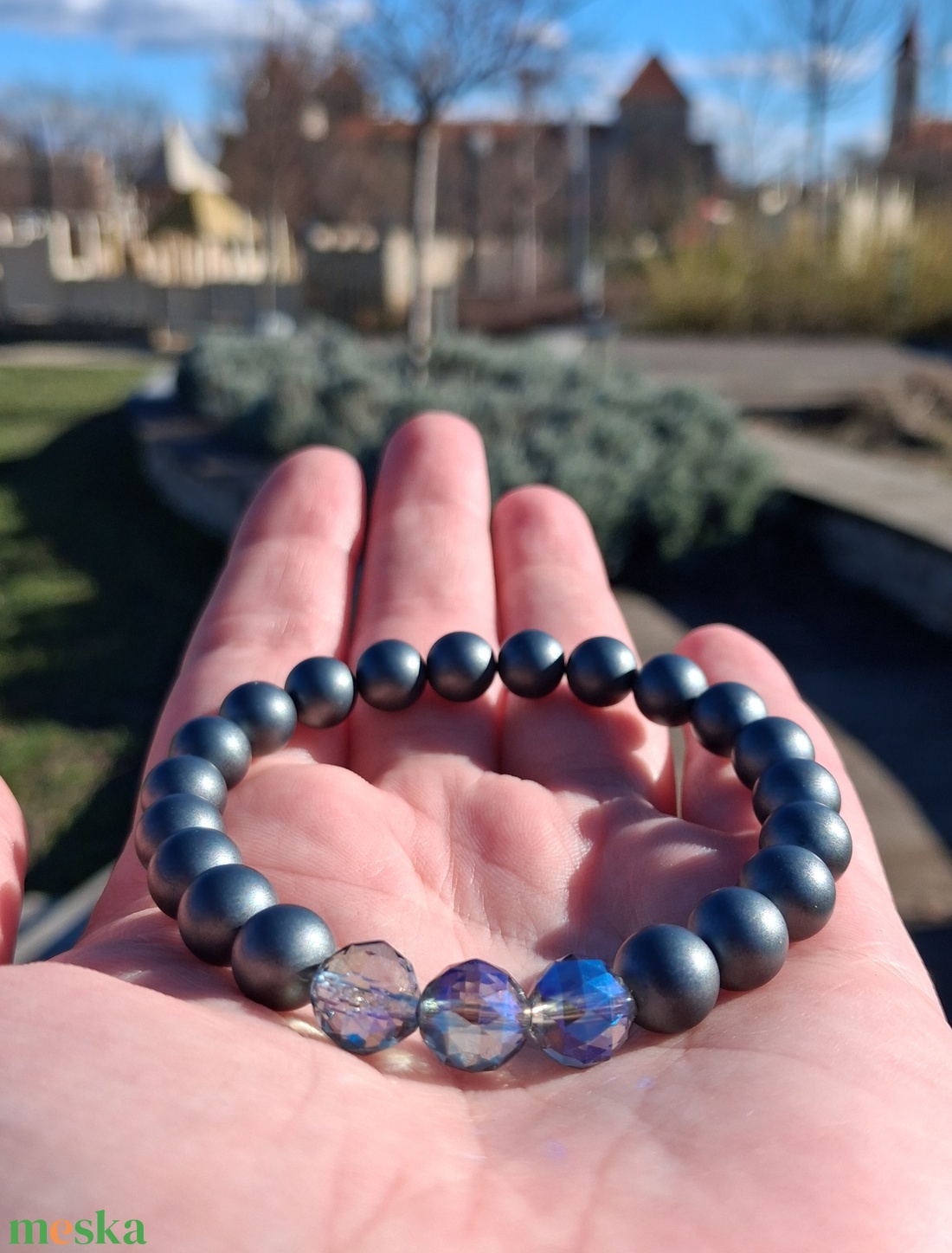 Minimal matt hematit és kék aurakvarc ásvány karkötő - ékszer - karkötő - ásványkarkötő - Meska.hu