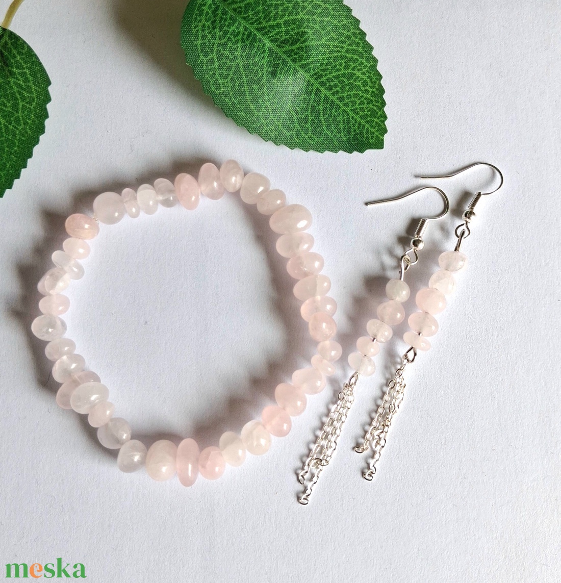 Rózsakvarc splitter ásvány karkötő és fülbevaló szett - ékszer - ékszerszett - Meska.hu