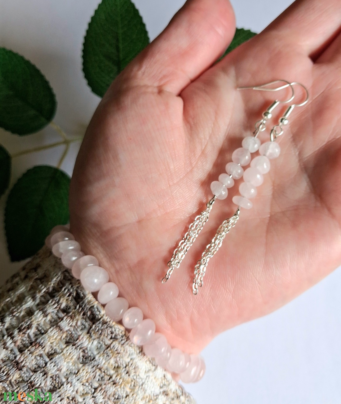 Rózsakvarc splitter ásvány karkötő és fülbevaló szett - ékszer - ékszerszett - Meska.hu