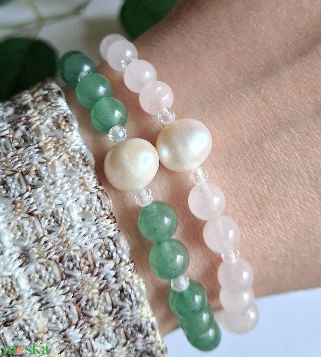 Minimal zöld aventurin ásvány és tenyésztett gyöngy karkötő - ékszer - karkötő - ásványkarkötő - Meska.hu