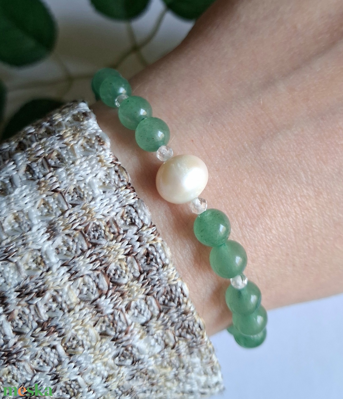 Minimal zöld aventurin ásvány és tenyésztett gyöngy karkötő - ékszer - karkötő - ásványkarkötő - Meska.hu