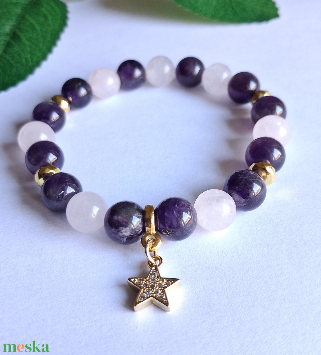 Ametiszt és rózsakvarc karkötő aranyozott hematittal, cirkóniás csillag medállal - ékszer - karkötő - ásványkarkötő - Meska.hu
