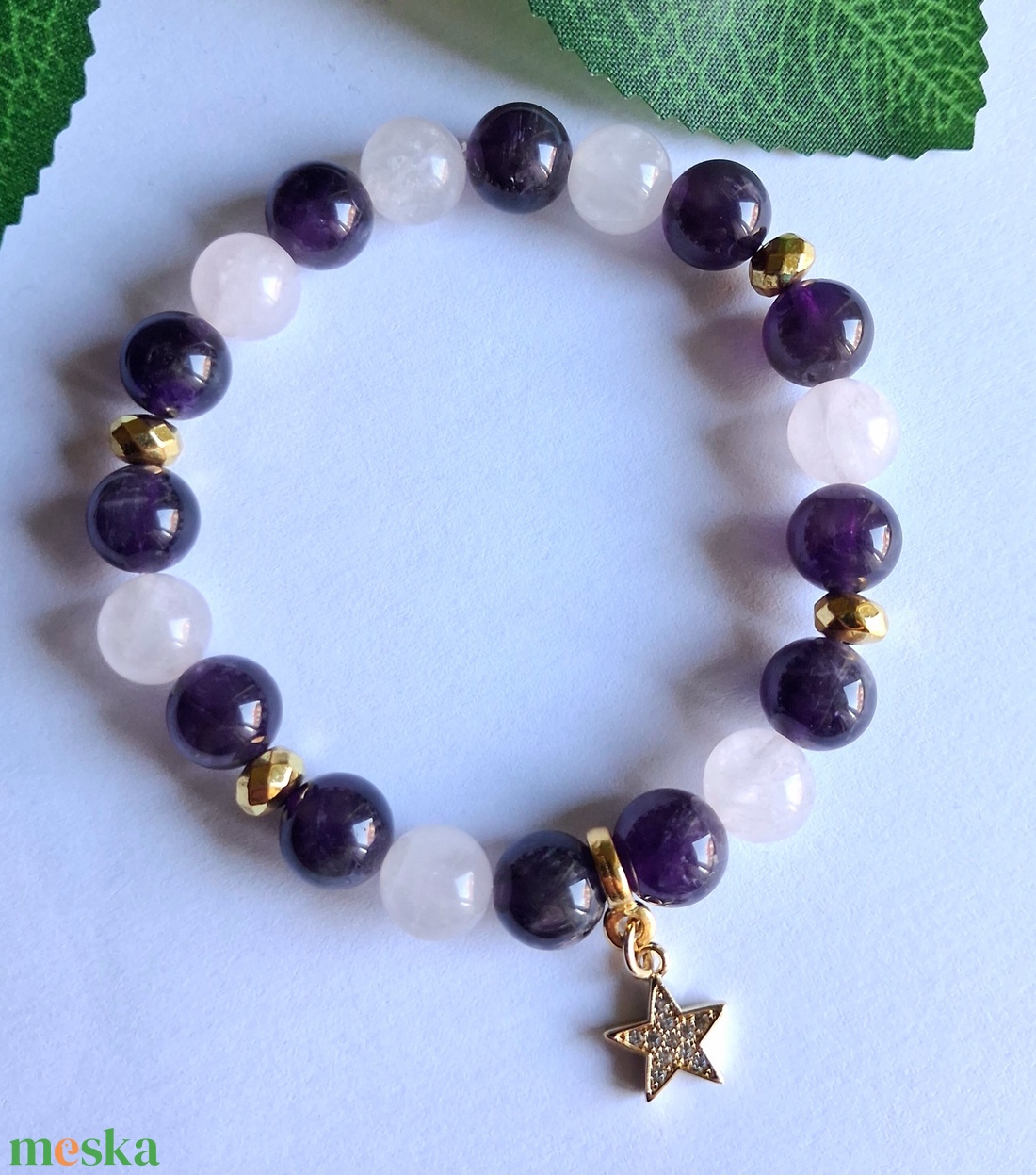 Ametiszt és rózsakvarc karkötő aranyozott hematittal, cirkóniás csillag medállal - ékszer - karkötő - ásványkarkötő - Meska.hu