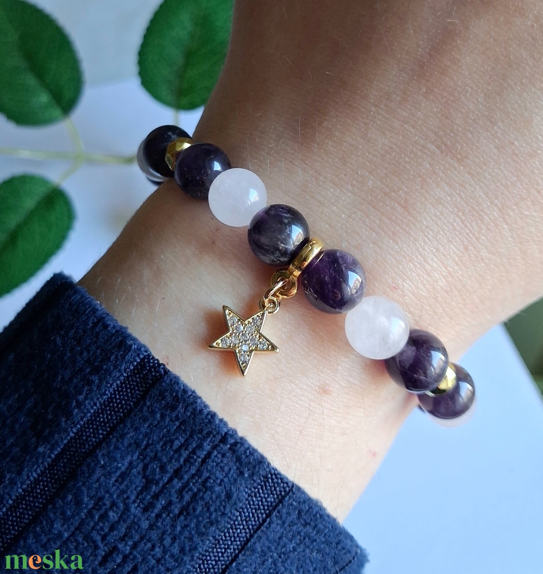 Ametiszt és rózsakvarc karkötő aranyozott hematittal, cirkóniás csillag medállal - ékszer - karkötő - ásványkarkötő - Meska.hu