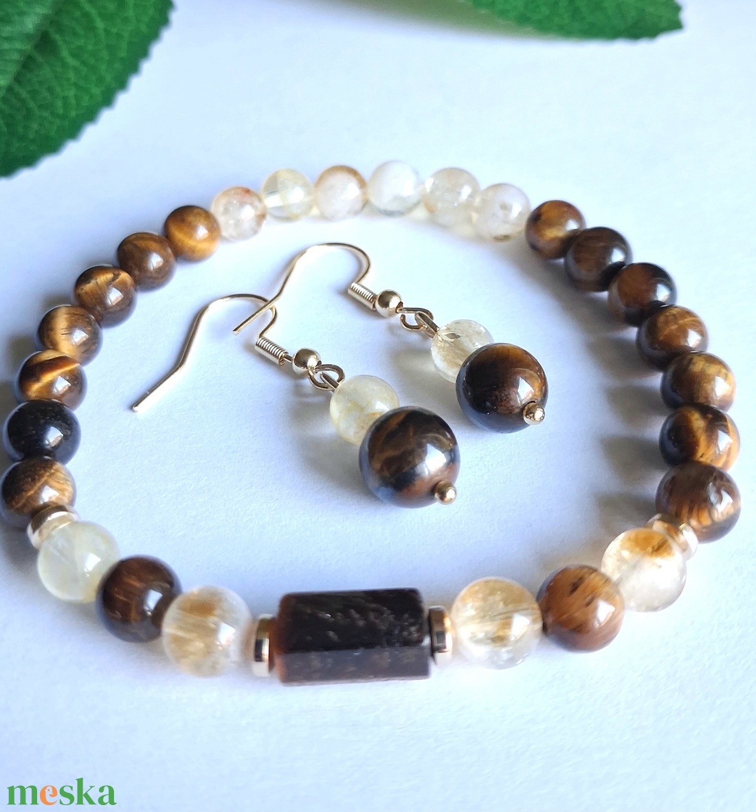 Tigrisszem és citrin ásvány karkötő és fülbevaló szett - ékszer - ékszerszett - Meska.hu