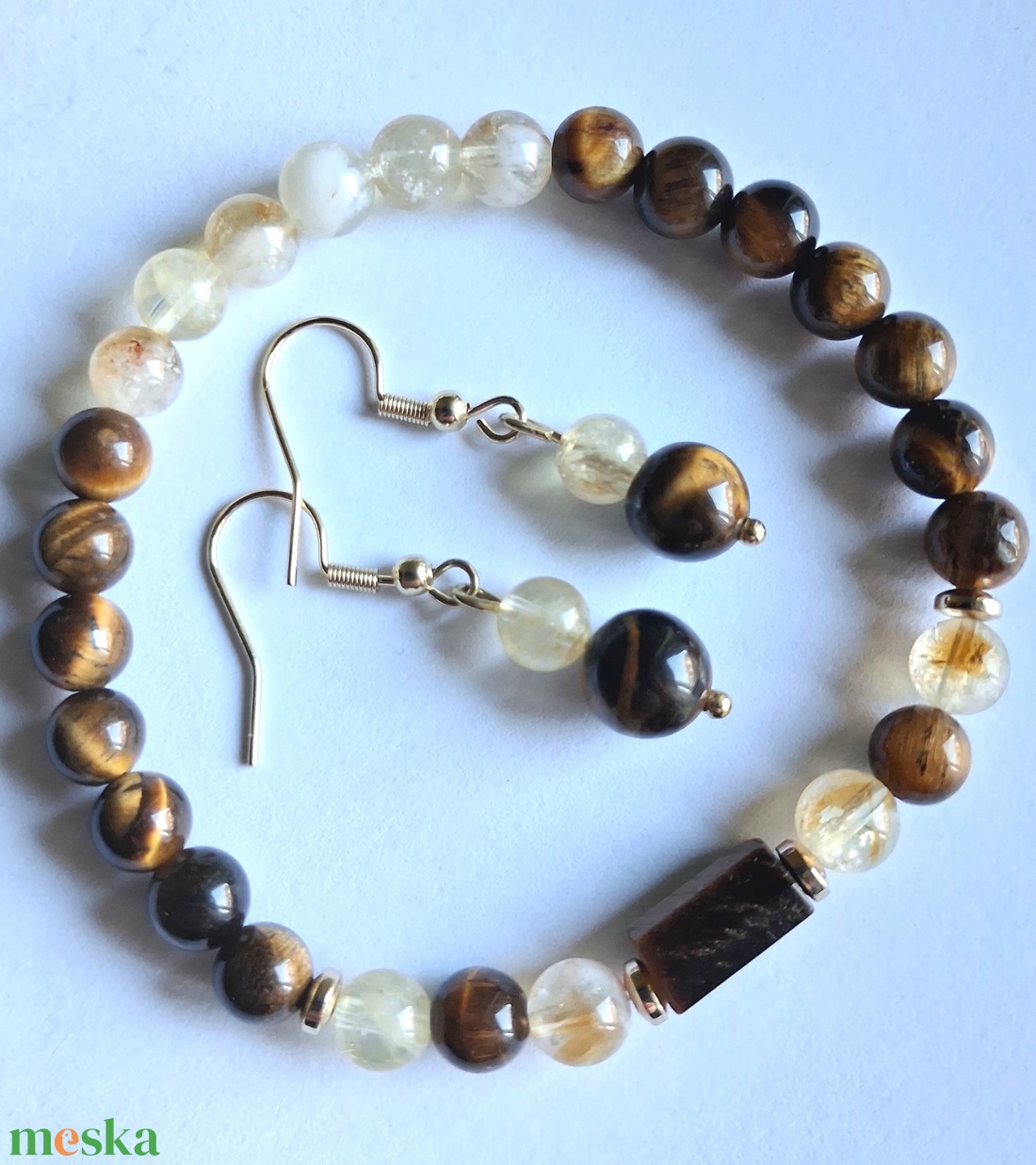 Tigrisszem és citrin ásvány karkötő és fülbevaló szett - ékszer - ékszerszett - Meska.hu
