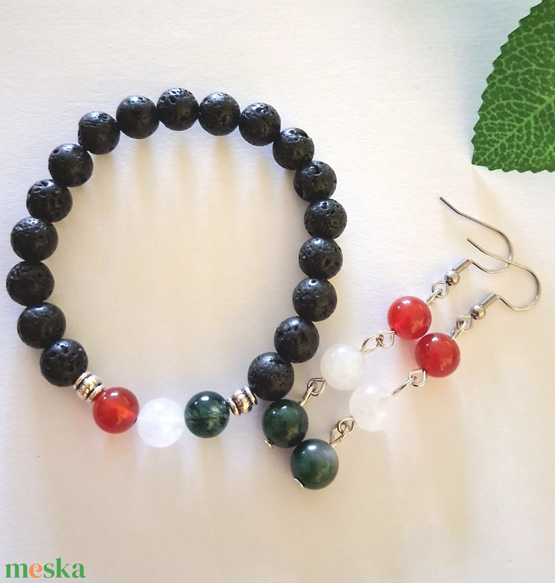 Nemzeti színű ásvány ékszerszett � moha achát, karneol, fehér jáde - ékszer - ékszerszett - Meska.hu