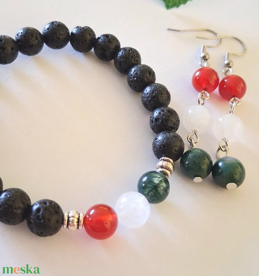 Nemzeti színű ásvány ékszerszett � moha achát, karneol, fehér jáde - ékszer - ékszerszett - Meska.hu