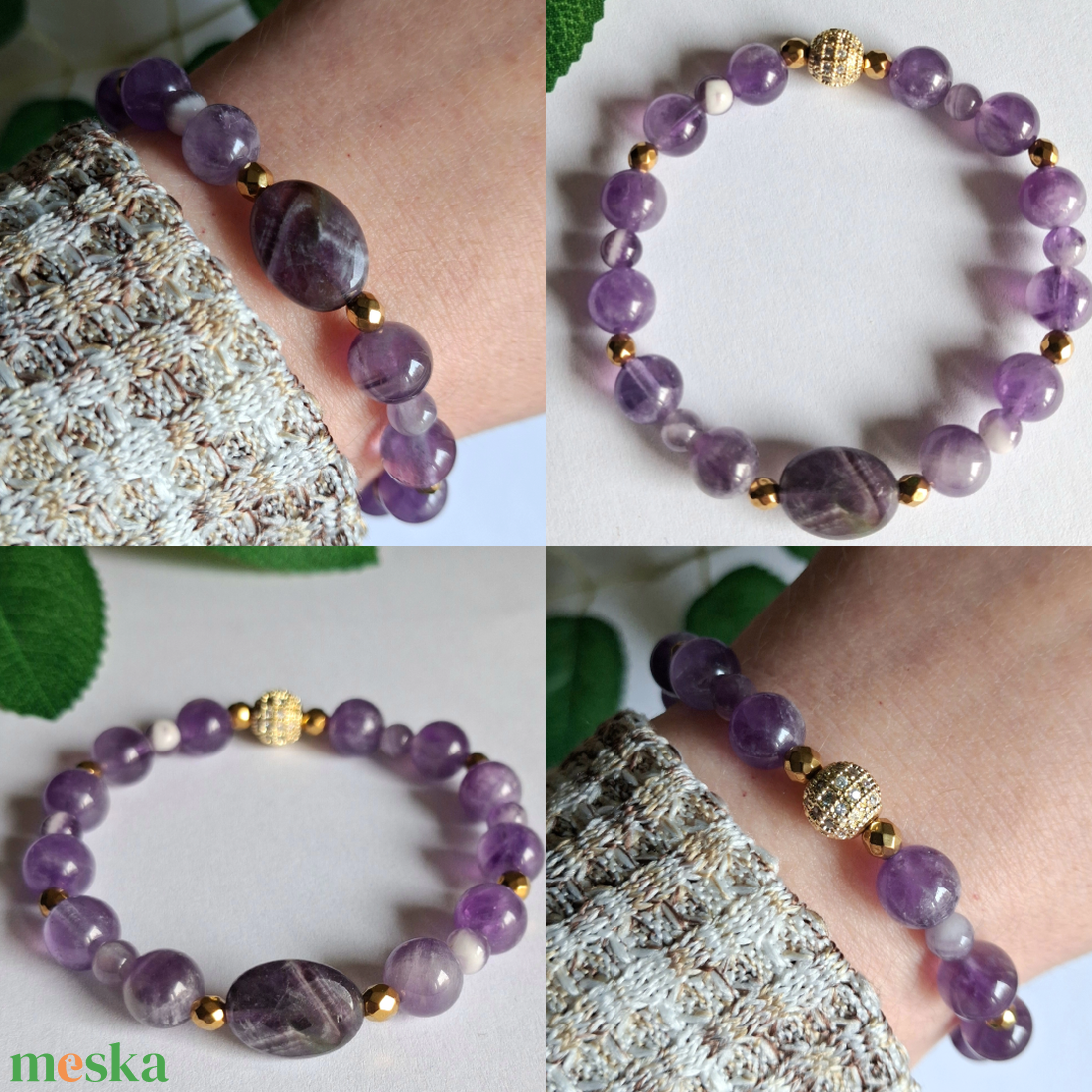 Két oldalas chevron ametiszt ásvány karkötő arany színű hematit köztesekkel - ékszer - karkötő - ásványkarkötő - Meska.hu